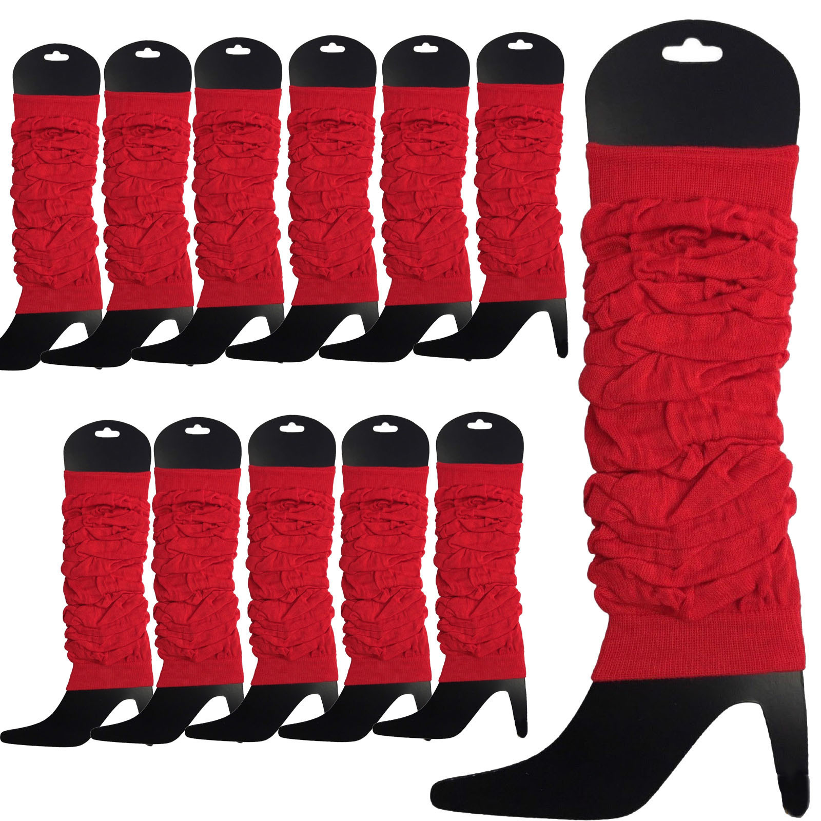 V563-BR-12NNLEGWRMR-RED-202508190845-00 12 LEG WARMERS Knitted Womens Neon Party Knit Ankle Fluro Dance Costume 80s BULK - Red - Image 1