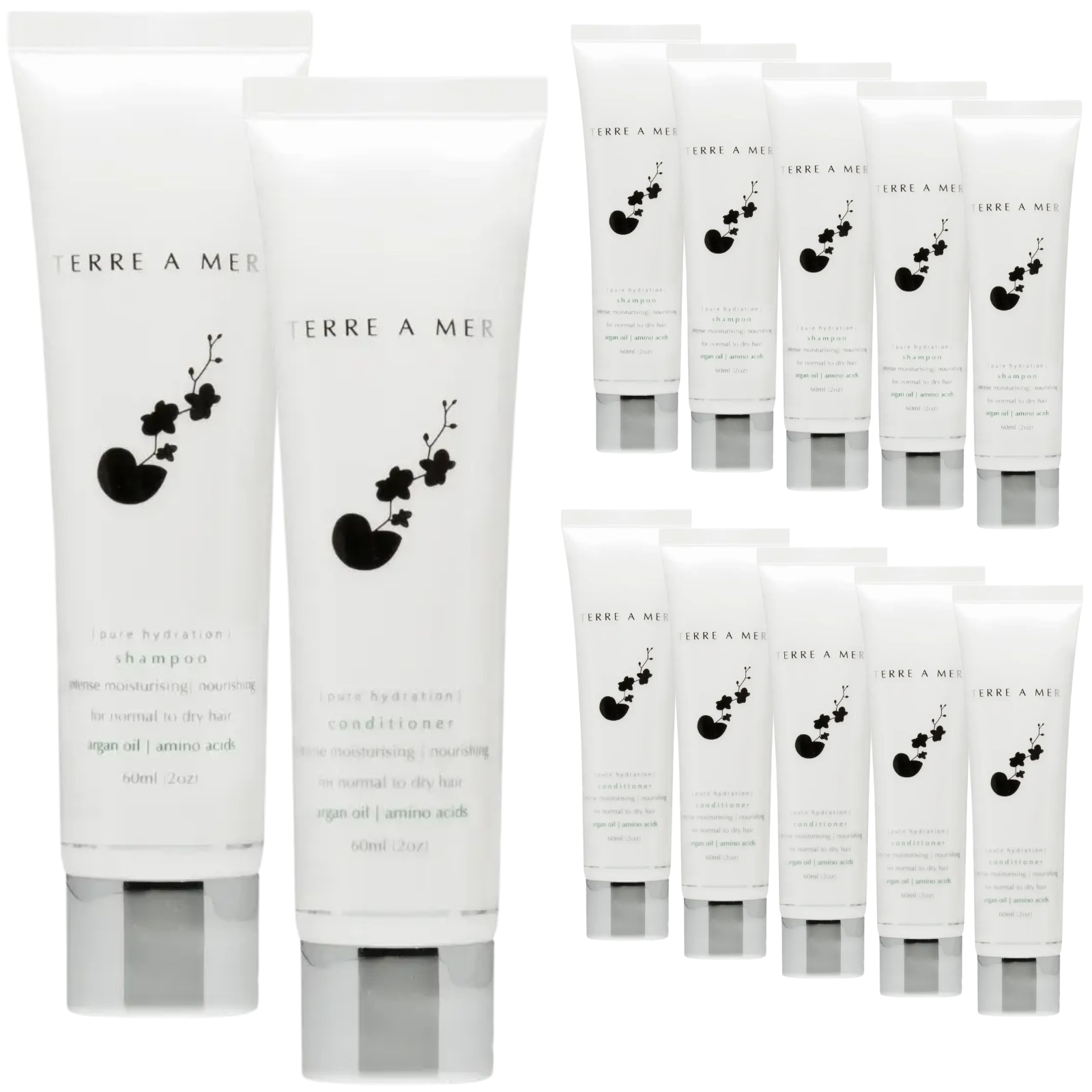 V563-PH_TRVL_SHAMPCOND-12PC-202508190835-00 12pc Set Terre A Mer Pure Hydration Amino Acid/Argan Oil Shampoo & Conditioner - 60ml Travel Size - Image 1