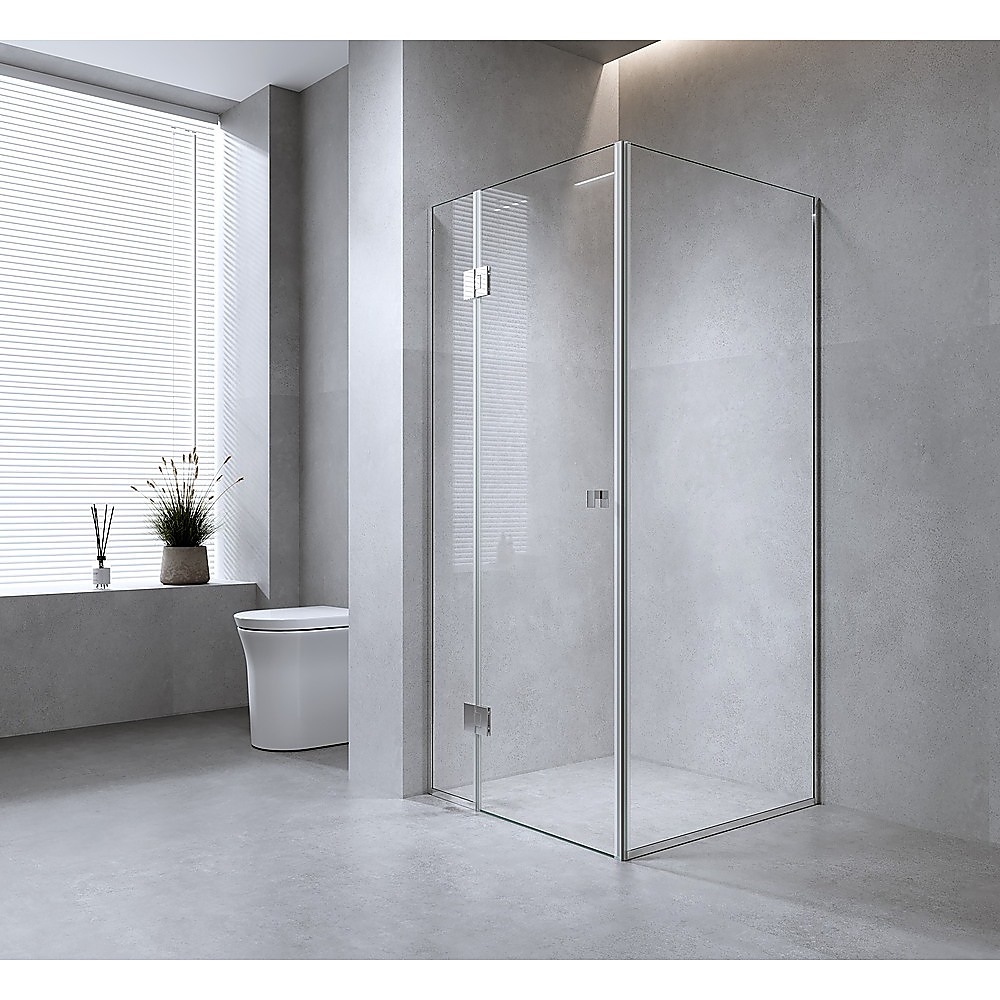 V63-900401-202507042252-00 120x100cm Corner Frameless Shower Screen with Gunmetal Channel and Brass Hinges, Square Double Pull Handle - Image 1