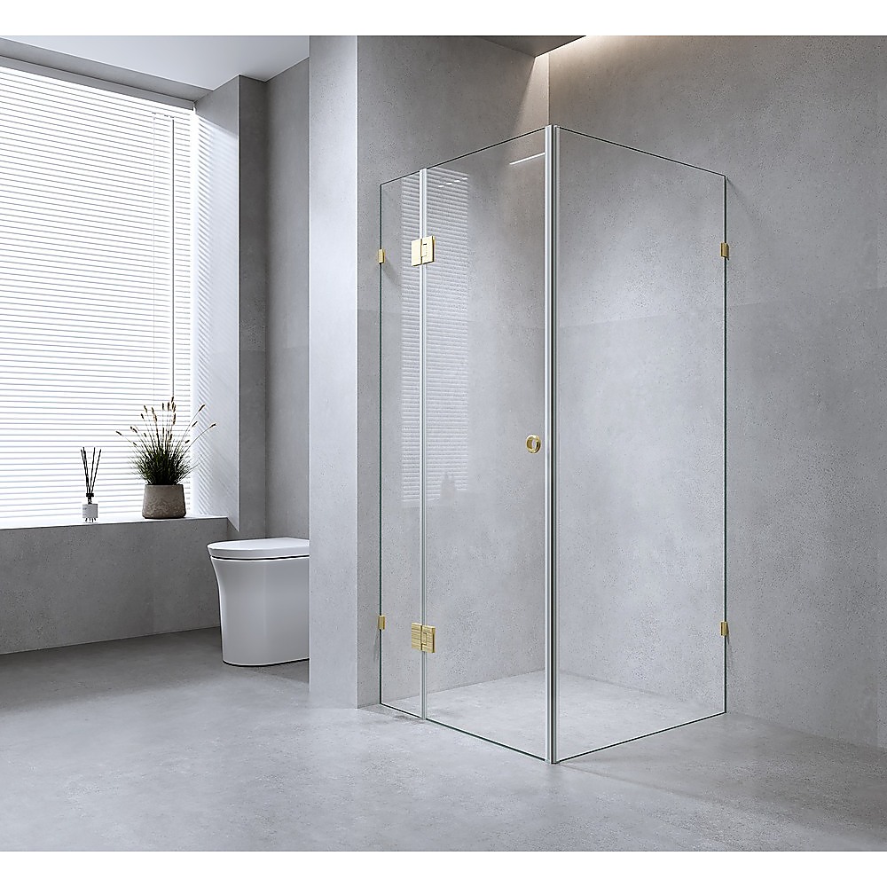 V63-936321-202507042253-00 110x90cm Corner Frameless Shower Screen with White Brackets and SS Hinges - Image 1