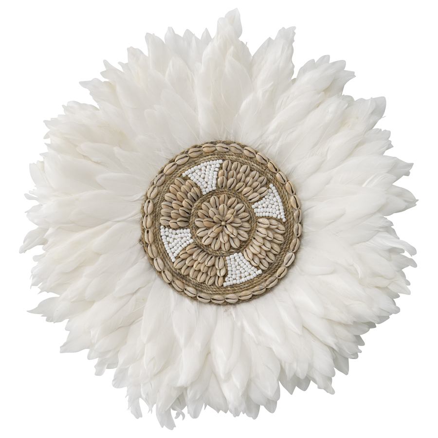 V637-33799FEA-202508251420-00 Handcrafted Round Hanging Feather & Shell Wall Art 40x40cm - Image 1