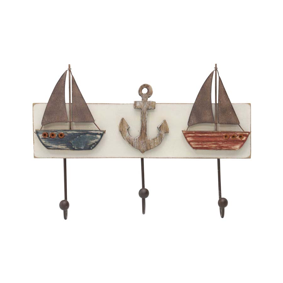 V637-52396HKS-202508251345-00 Boat & Anchor 3 Hook Wall Hanging 28x4cm - Image 1