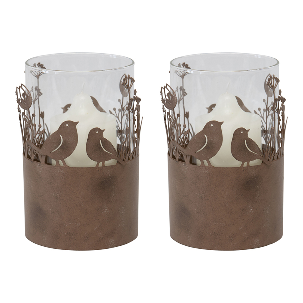 V637-52418BRD-202508251710-00 Set 2 Glass Pillar Candle holders in Stilted Rust Base w Birds 17cm - Image 1