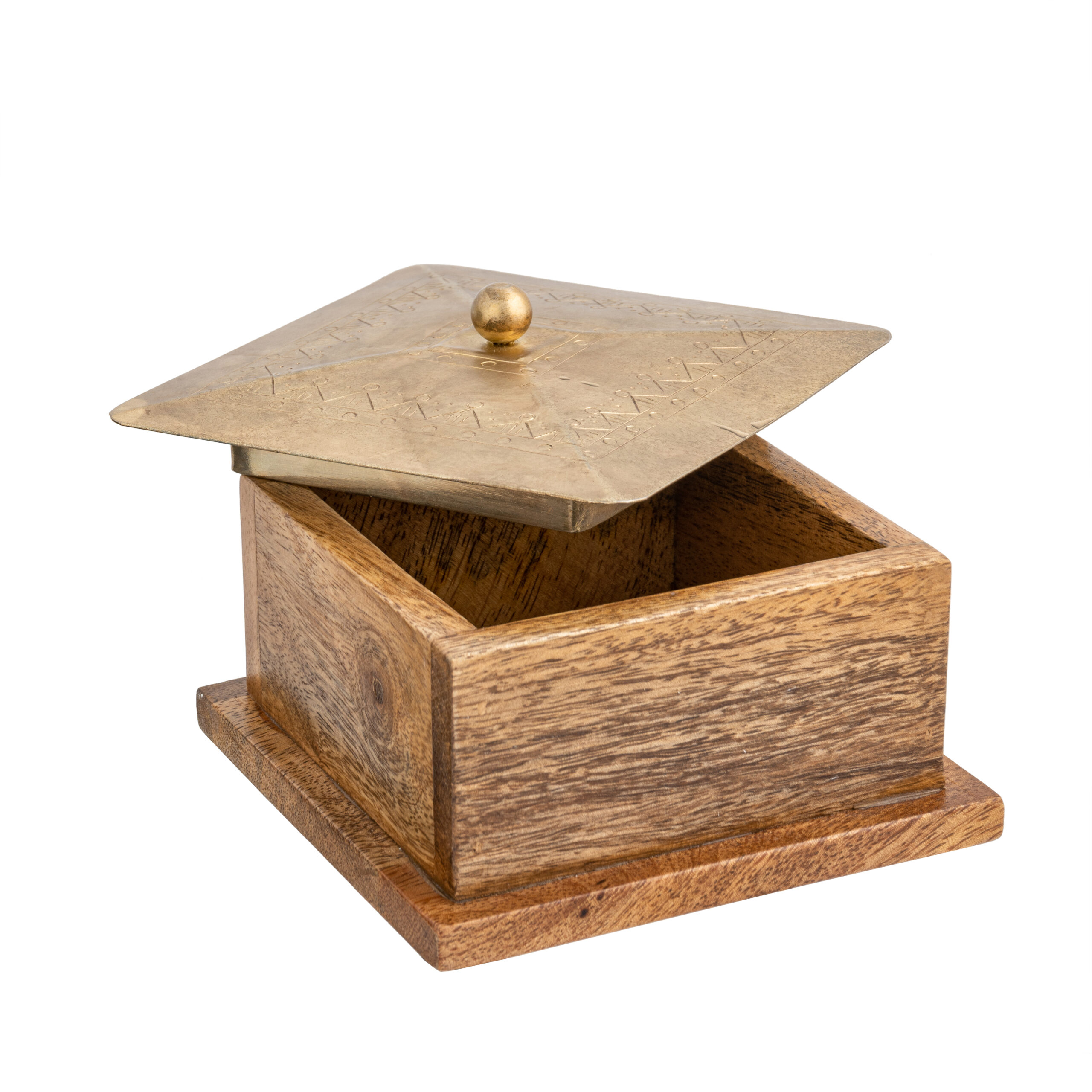 V637-59086BOX-202508251820-00 Handcrafted Square Mango Wood Box W Metal Pressed Lid 12cm - Image 1