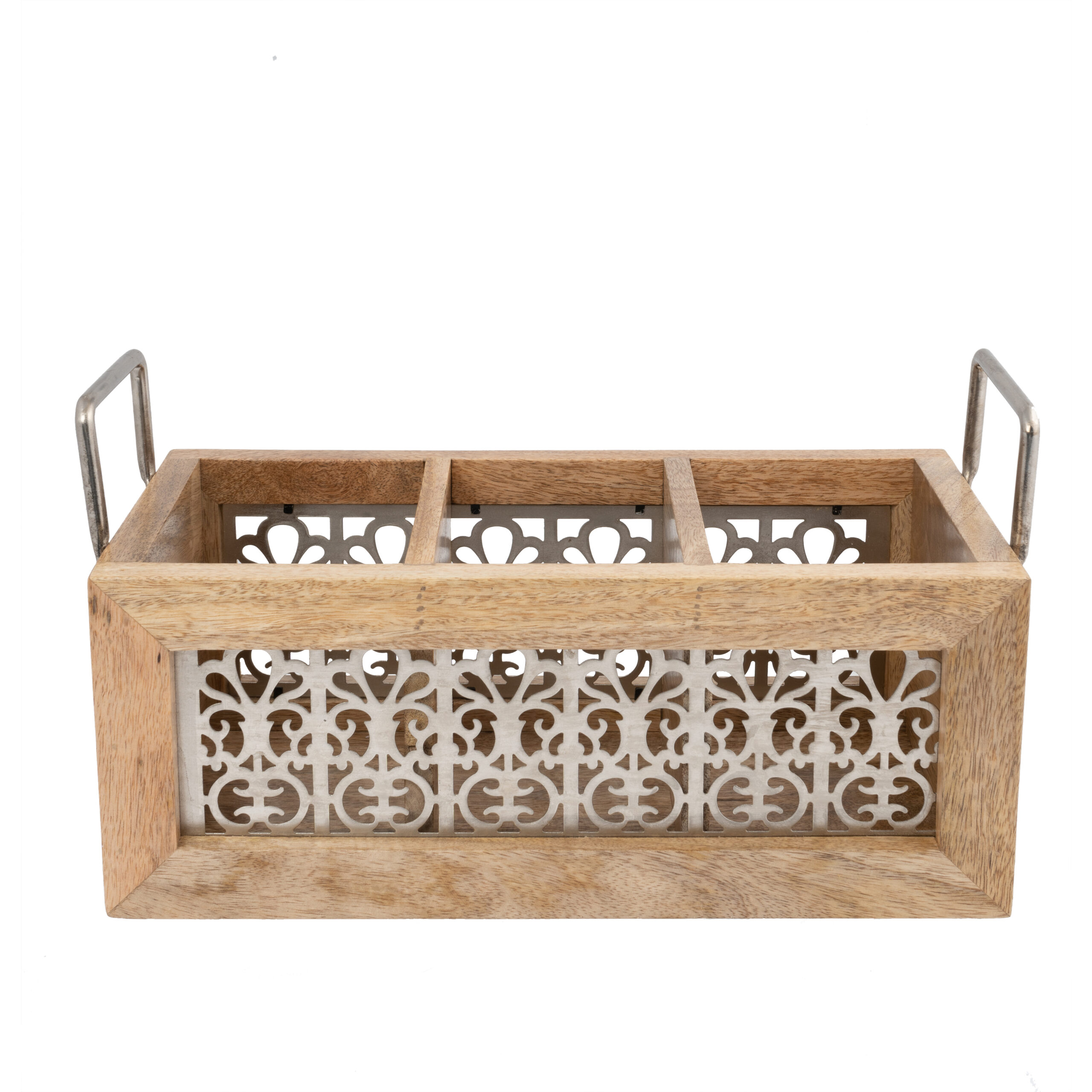 V637-59091CDY-202508251825-00 Handcrafted Mango Wood Cutlery / Storage Caddy Three Division 19cm - Image 1