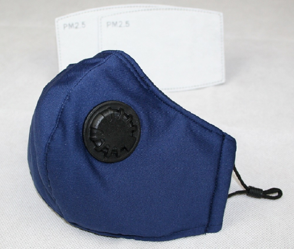 V637-COTMNB-202508251745-00 Reusable Cotton Cloth Face Mask w 2 PM2.5 Filters Adjustable w Breathing Valve 3Ply Blue - Image 1