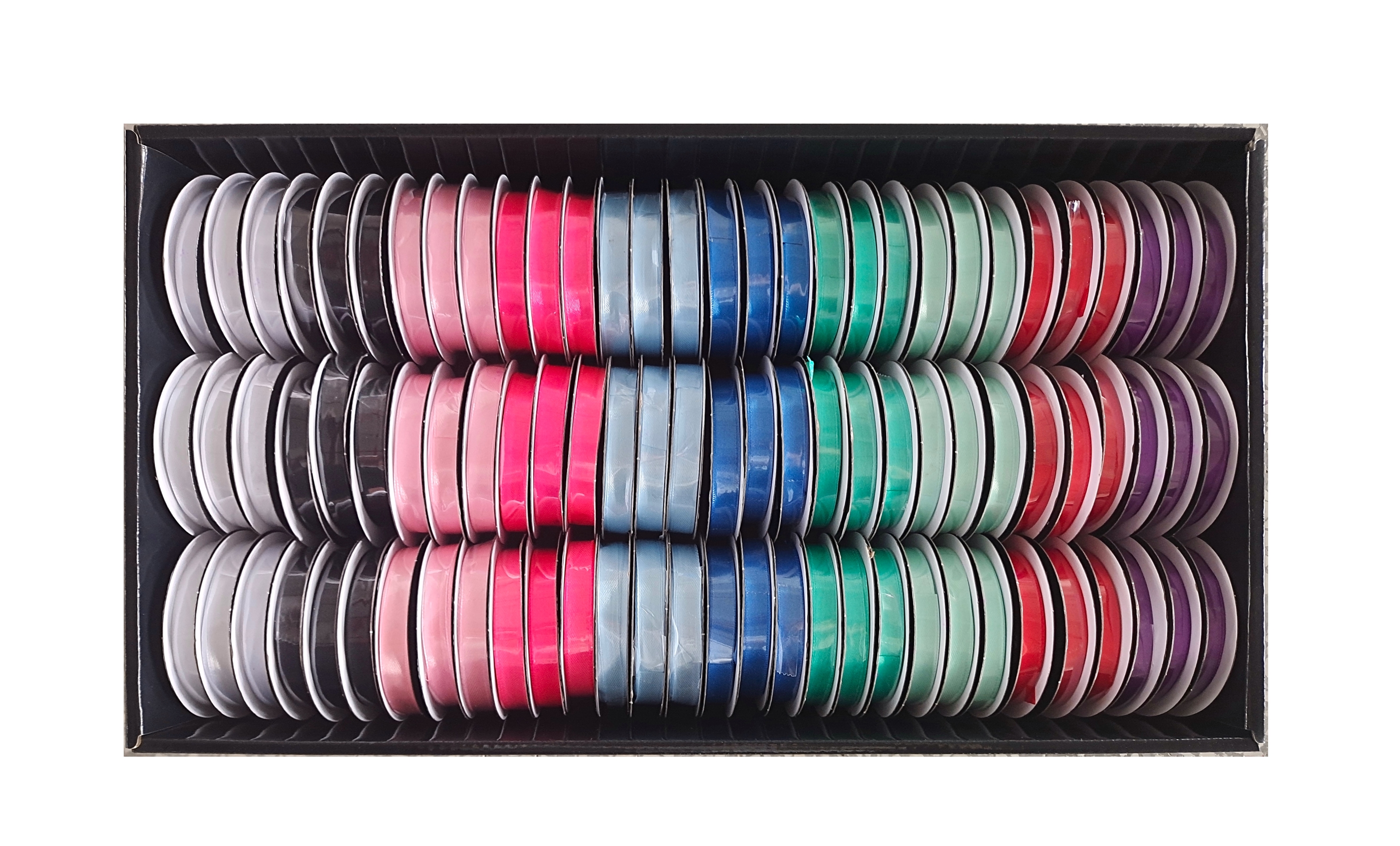 V637-CRA31370-202508251920-00 bulk 90 Roll Satin Ribbon 4.5mt 10mm Displayed Box - Image 1