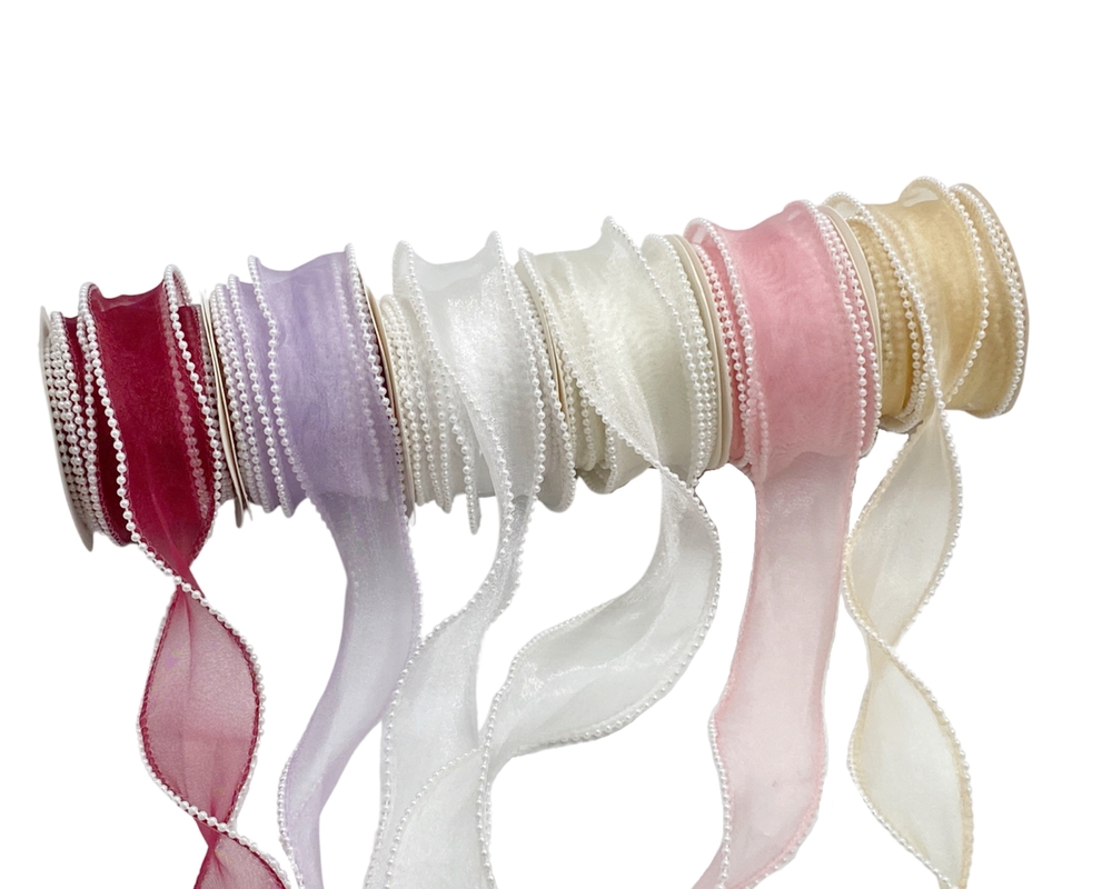 V637-CRA32999-202508251940-00 bulk 36 Artificial Pearl Edge Organza Ribbon Assort Wrap 200cm - Image 1