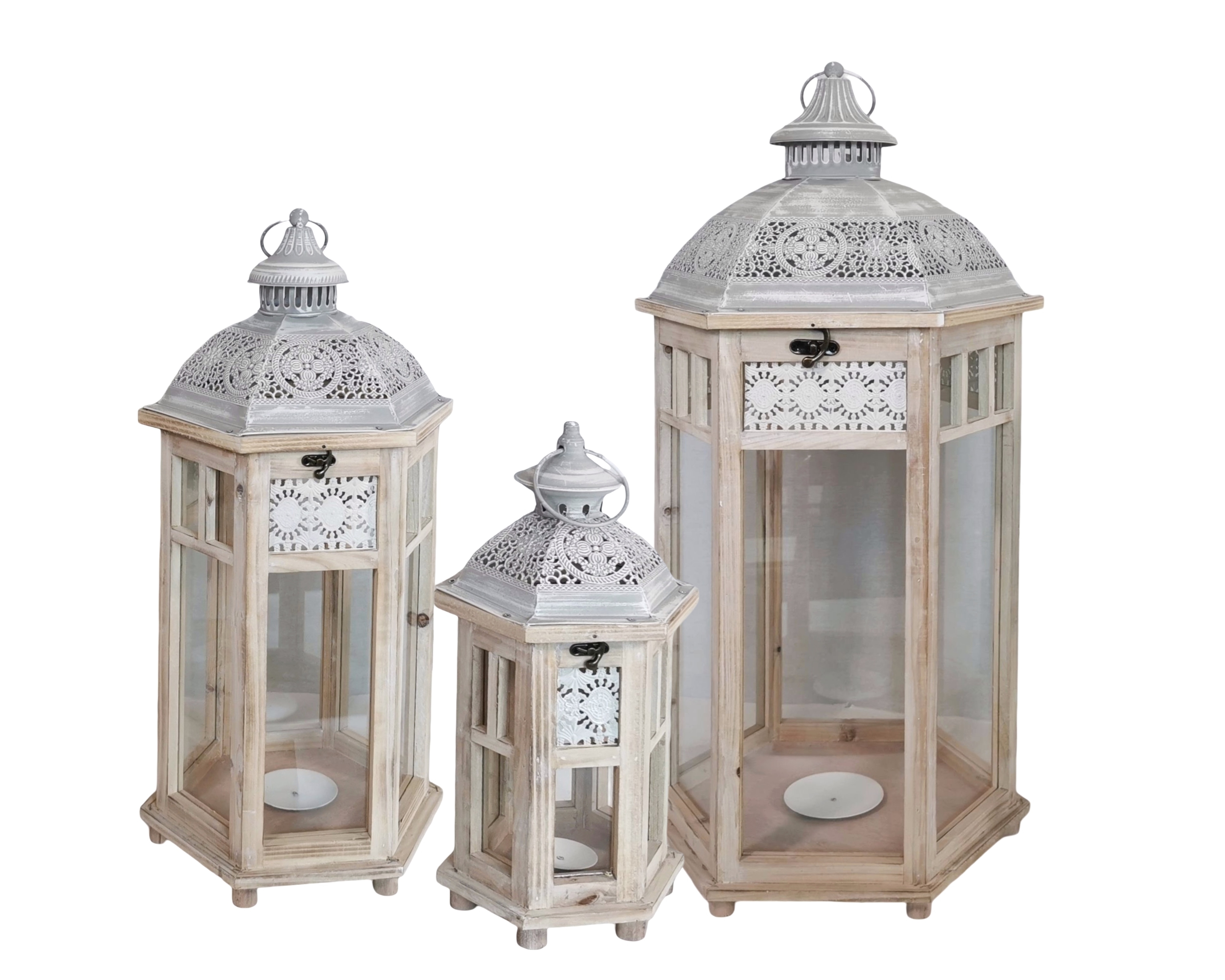 V637-DCO36904-202508251710-00 Set 3 Wooden Lantern w White Metal Top 76cm - Image 1