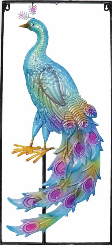 V637-E522953-202508252135-00 Peacock Metal Wall Art W Frame 33x76cm - Image 1
