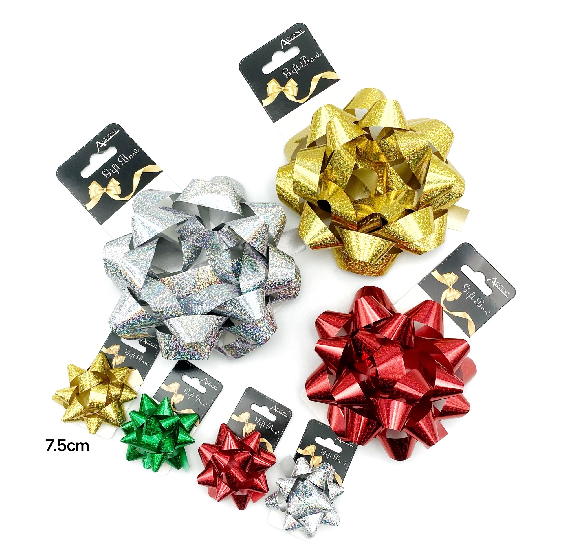 V637-WRP31743-202508260740-00 bulk 24 Holographic Gift Bow 7.5cm Assort Cols - Image 1