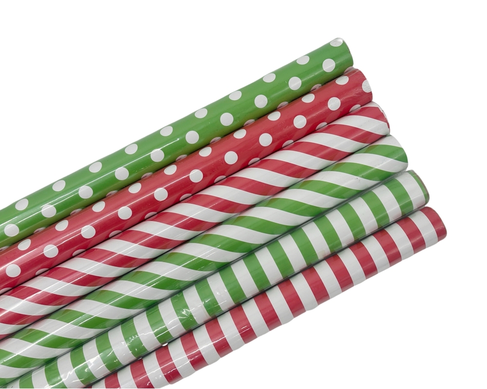 V637-WRP34144-202508260745-00 bulk 50 Red & Green Dots Stripes Gift Wrap 300cm - Image 1