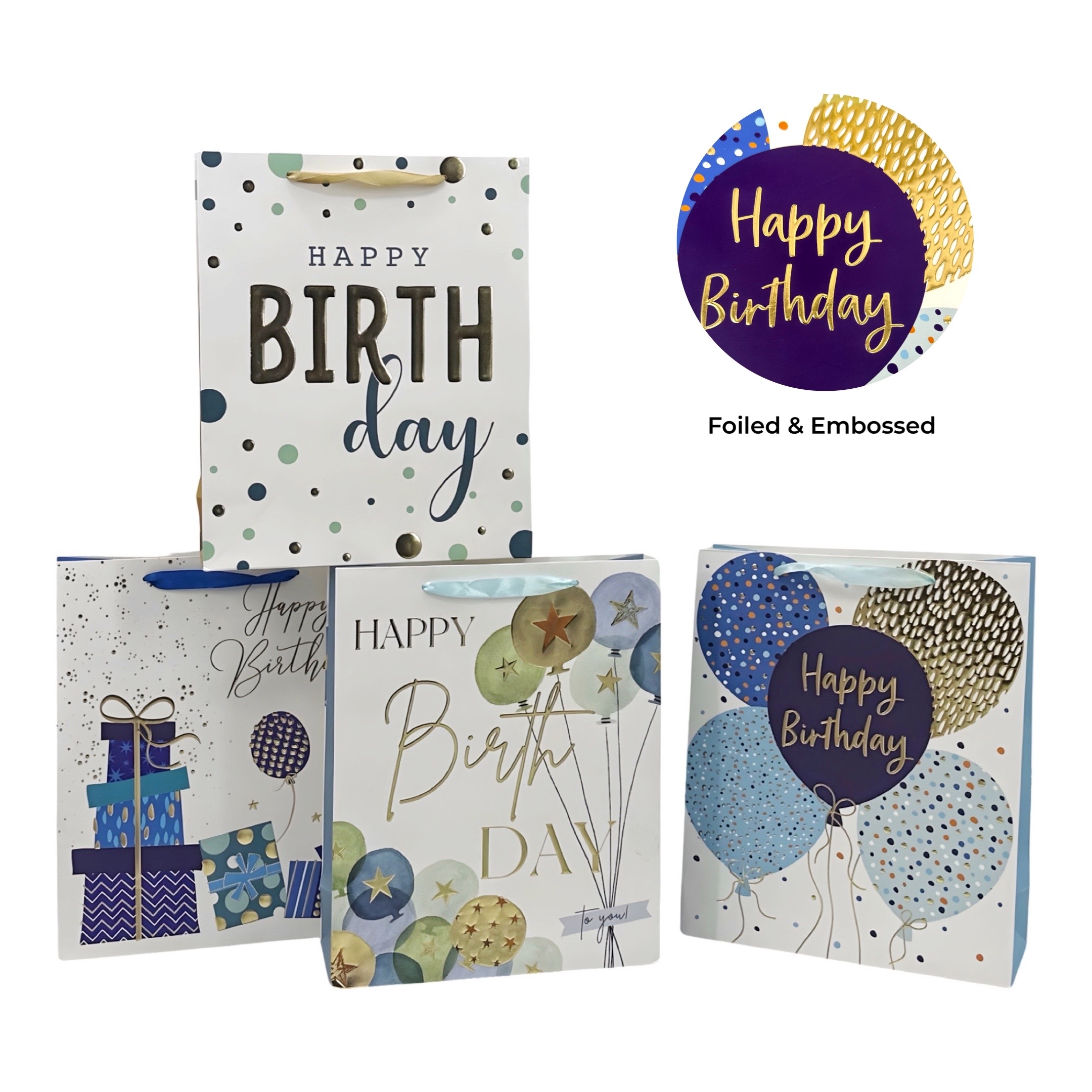 V637-WRP35467-202508260753-00 Bulk 24 Xlarge Foil & Embossed Birthday Gift Bag 4 Assort 31x42cm - Image 1