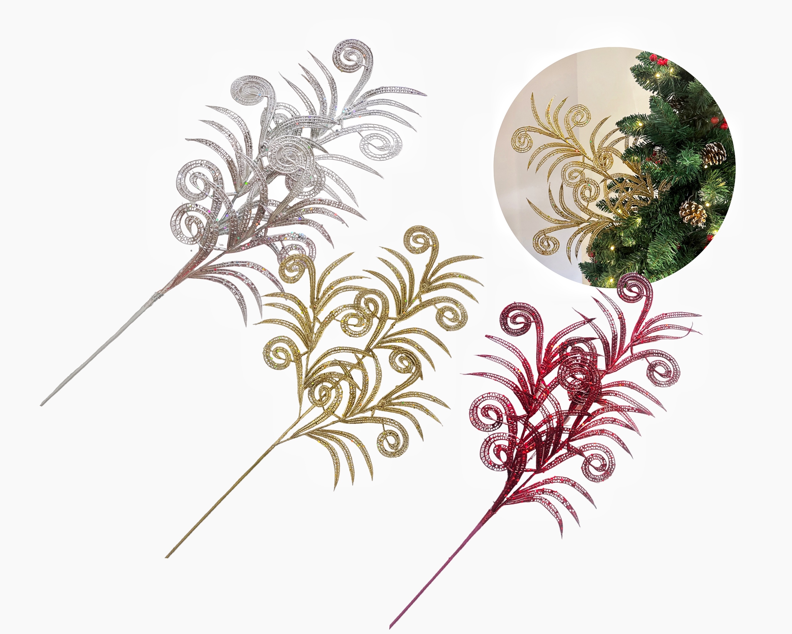 V637-XMS34586-202508260840-00 bulk 24 Xmas Metallic Glamour Curls Spray Assort 68cm - Image 1