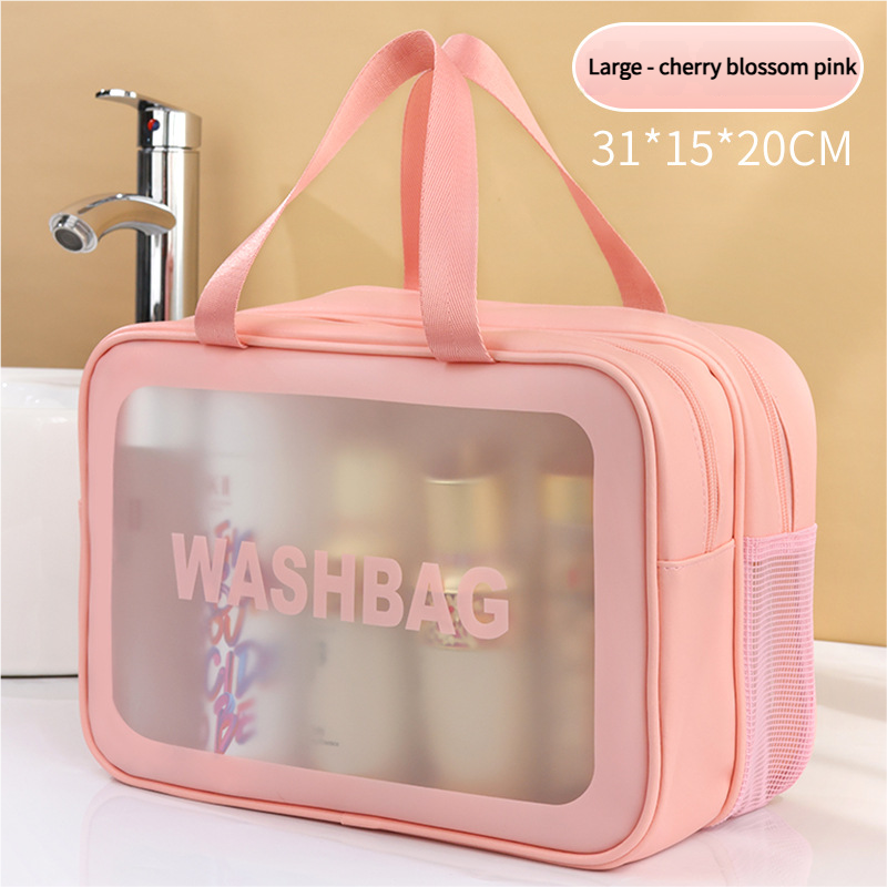 V888-ELOSUNG18357-202507151025-00 2PCS Dual-Layer Transparent PU Cosmetic Pouch - Wet and Dry Separation, Large size(31*15*20cm)- Pink - Image 1