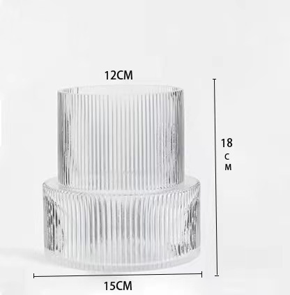 V888-ELOSUNG32844-202507071010-00 Transparent Modern Two-Tier Ribbed Glass Vase - Elegant Cylindrical Flower Centrepiece for Home Decor - Image 1