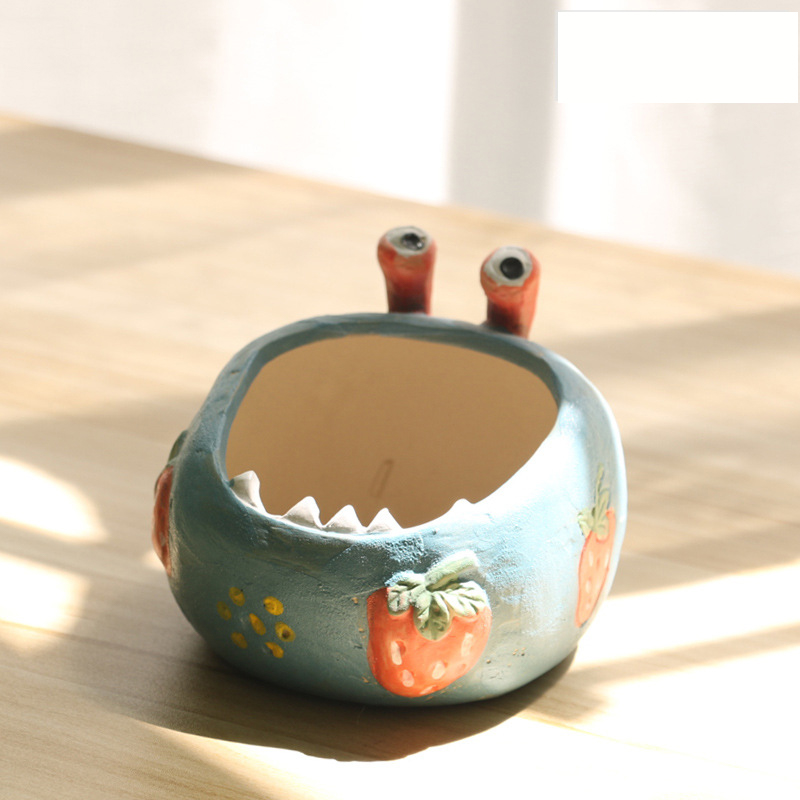 V888-ELOSUNG32848-202507071010-00 2 Pcs Blue Whimsical Monster Ceramic Succulent Planter - Hand-Painted Character Pot with Drainage - Image 1