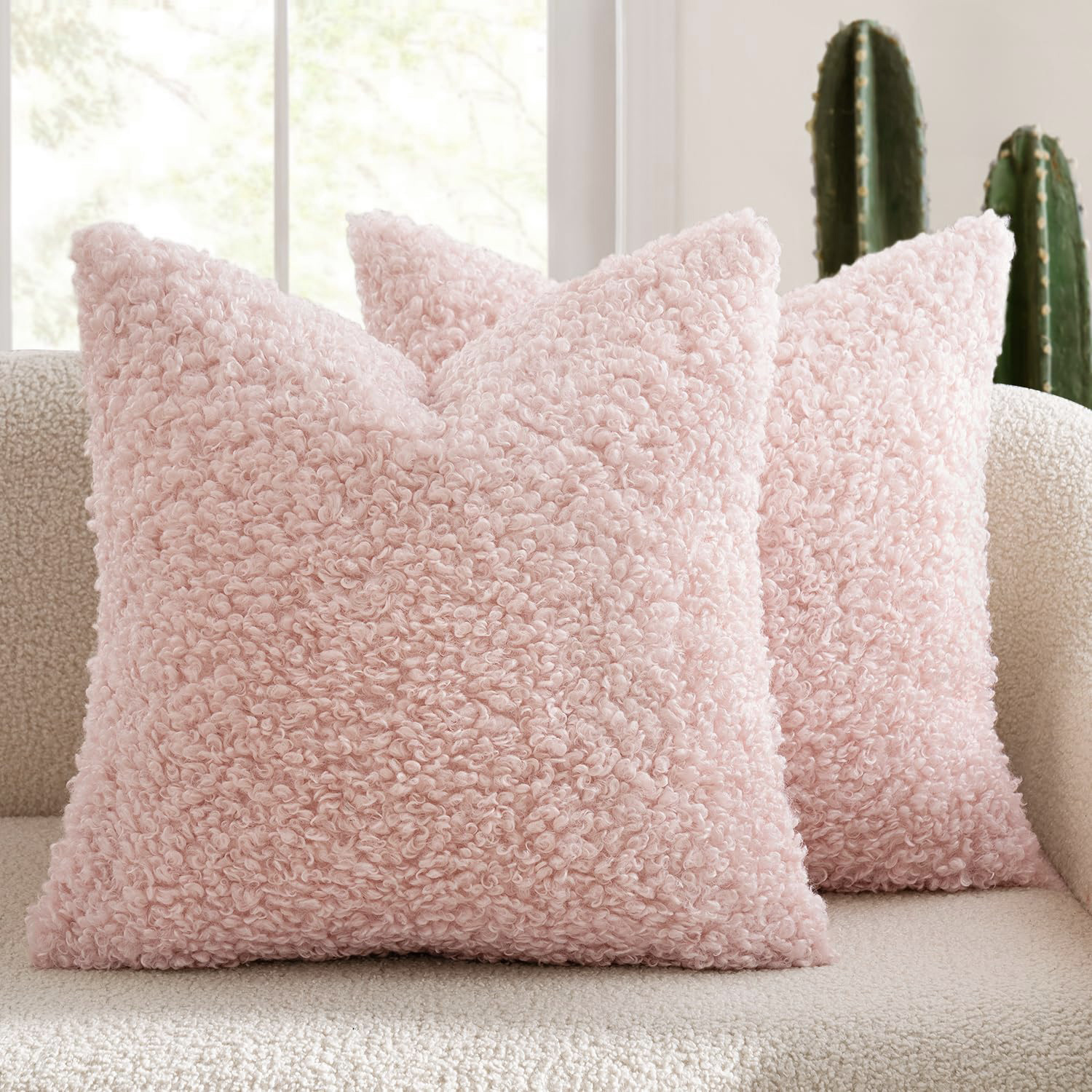 V888-ELOSUNG32854-202507071011-00 2 Pcs Pink Cozy Teddy Boucle Cushion Cover - Plush Decorative Square Pillow Case for Sofa & Bed - Image 1