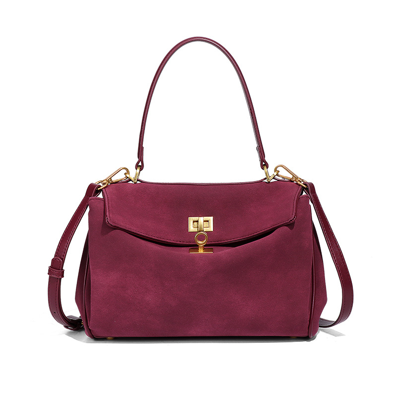 V888-ELOSUNG33781-202508141920-00 Wine Red Women's Vintage Suede Satchel Bag - Elegant Top Handle Purse with Gold Lock - Image 1