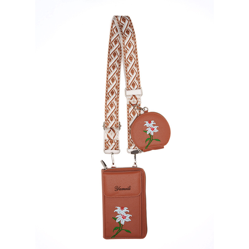 V888-ELOSUNG33782-202508141920-00 Brown Chic Floral Embroidered 2-in-1 Crossbody Phone Bag with Coin Purse - Image 1