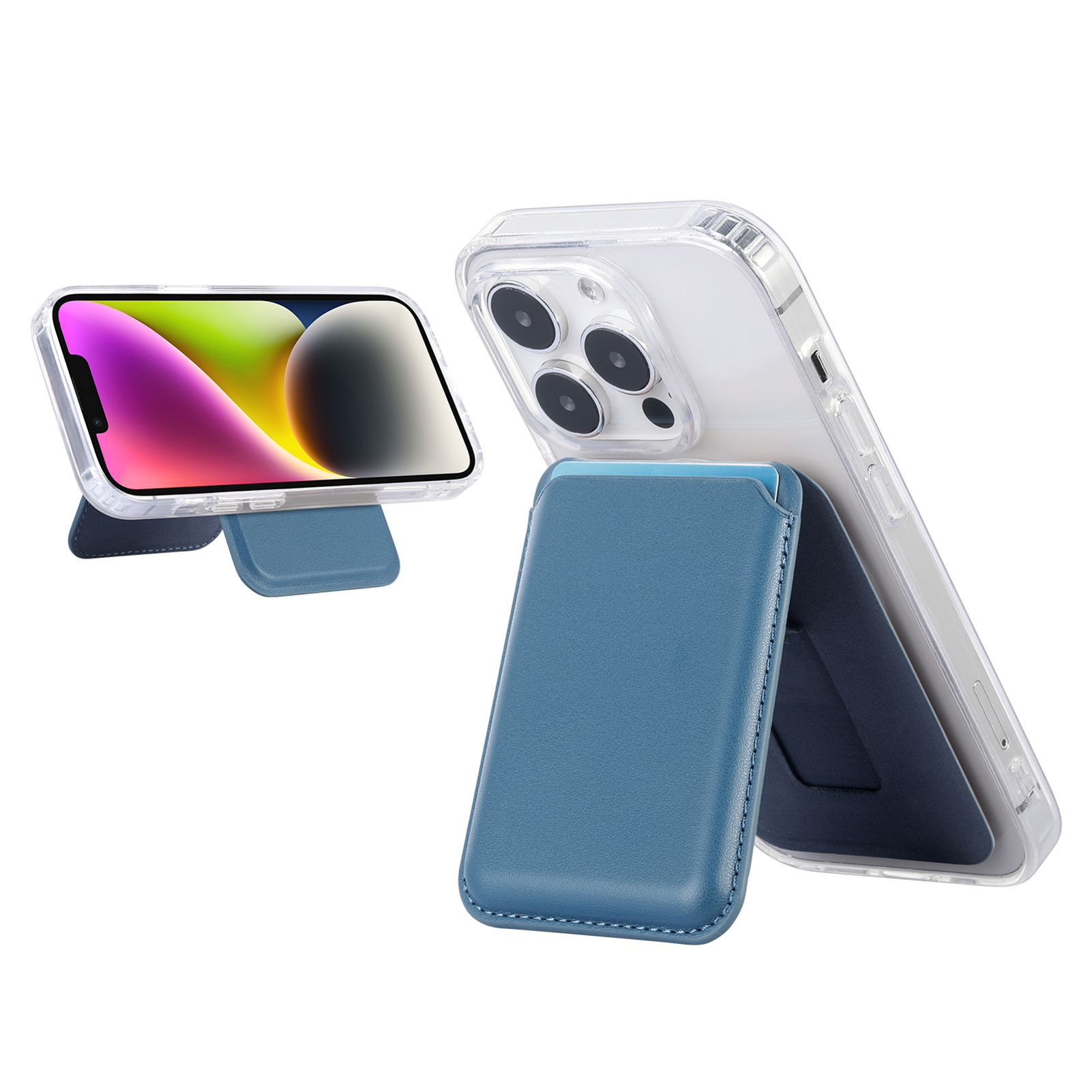 V888-ELOSUNG33916-202509121010-00 Blue Slim Magnetic Card Holder Wallet with Adjustable Kickstand - MagSafe Compatible - Image 1