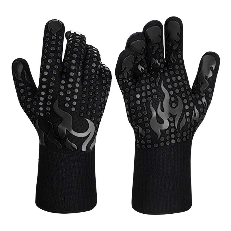 V888-ELOSUNG33920-202509220954-00 Black a Pair Of Extreme Heat Resistant BBQ Gloves (500°C) - Aramid Fiber with Non-Slip Silicone Grip for Grilling & Oven Use - Image 1