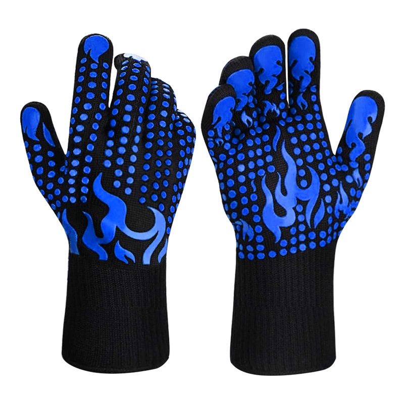 V888-ELOSUNG33921-202509220954-00 Blue a Pair Of Extreme Heat Resistant BBQ Gloves (500°C) - Aramid Fiber with Non-Slip Silicone Grip for Grilling & Oven Use - Image 1