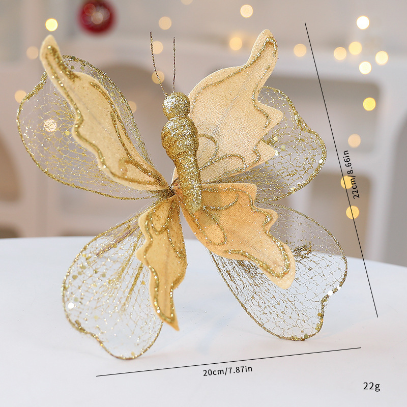 V888-ELOSUNG33948-202509221015-00 Gold Large Glitter Butterfly Christmas Ornaments (Set of 2) - Clip-On Decorations for Trees & Wreaths - Image 1