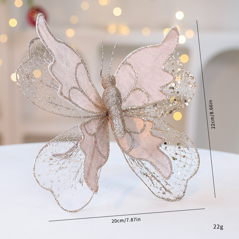 V888-ELOSUNG33949-202509221015-00 Champagne Gold Large Glitter Butterfly Christmas Ornaments (Set of 2) - Clip-On Decorations for Trees & Wreaths - Image 1