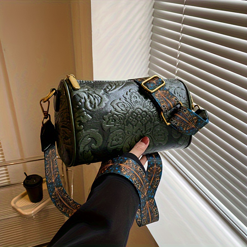 V888-ELOSUNG33962-202509221020-00 Green Vintage Embossed Crossbody Barrel Bag with Wide Adjustable Guitar Strap - Image 1