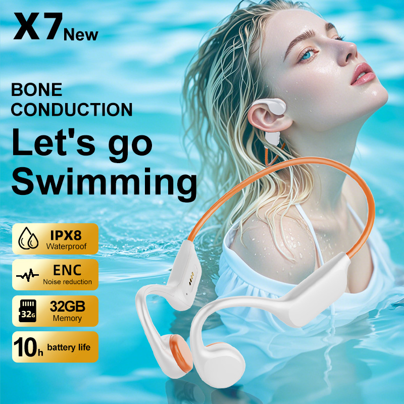 V888-ELOSUNG34587-202508041453-00 White orange IPX8 Waterproof Swimming Headphones - Bone Conduction with 32GB MP3 Player - Image 1