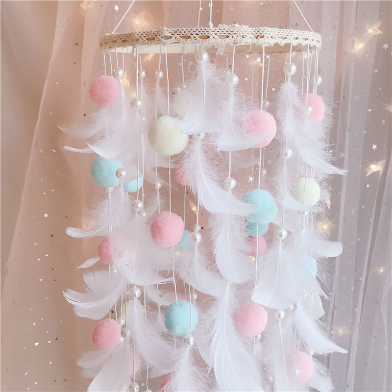 V888-ELOSUNG34635-202509231335-00 Colorful Boho Pom Pom Feather Dreamcatcher - Whimsical Hanging Mobile for Girls Bedroom & Nursery Decor - Image 1
