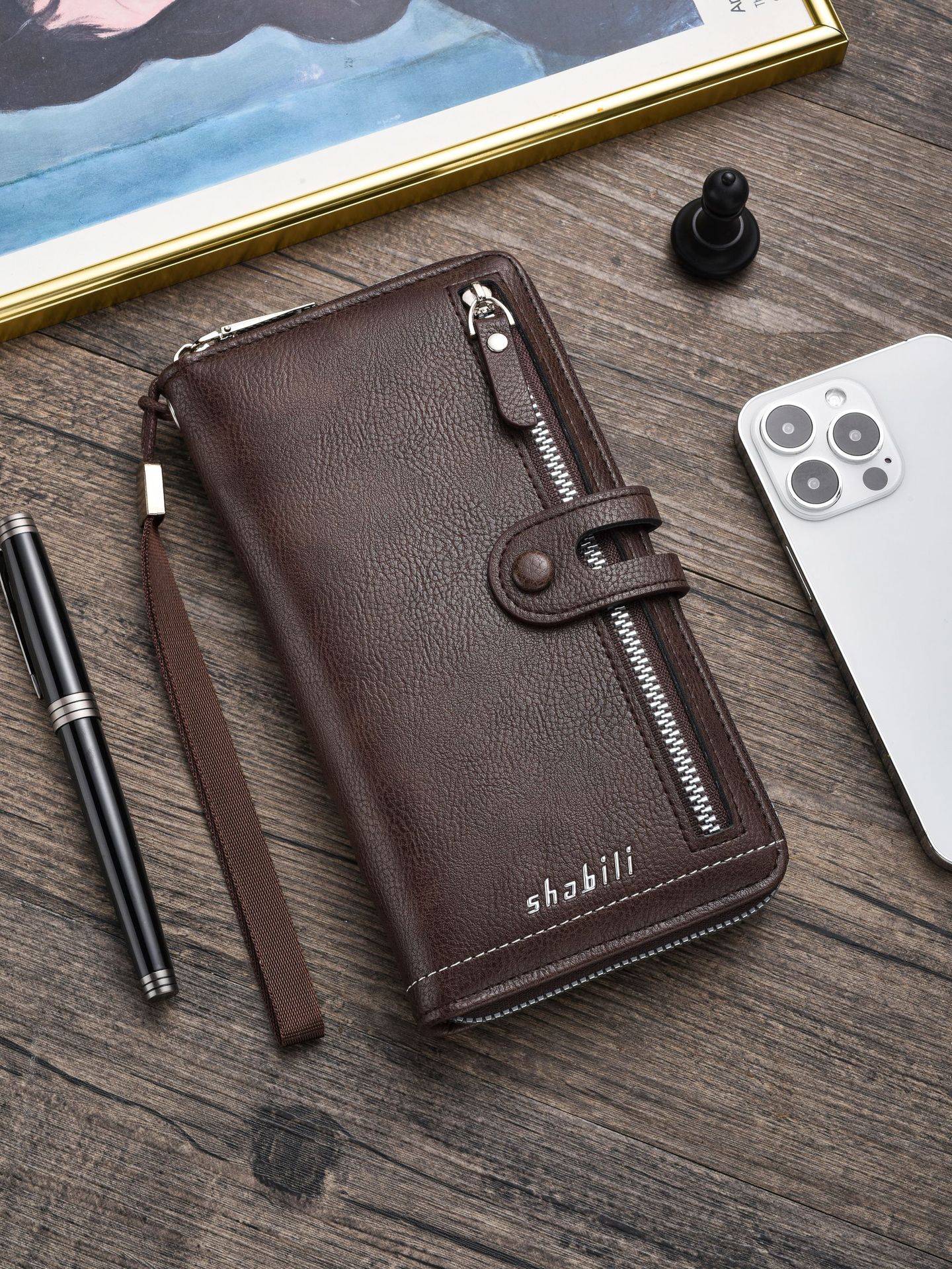 V888-ELOSUNG35607-202507071016-00 Two pieces High-Capacity PU Leather Clutch Wallet - Unisex Design with Wrist Strap, Zipper & Multiple Card Slots(Dark brown) - Image 1