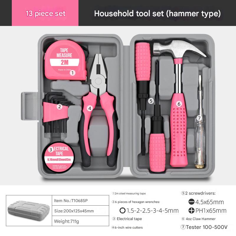 V888-ELOSUNG35750-202507221425-00 13-Piece Essential Household Tool Kit - Compact Home Repair & DIY Set with Storage Case(pink) - Image 1