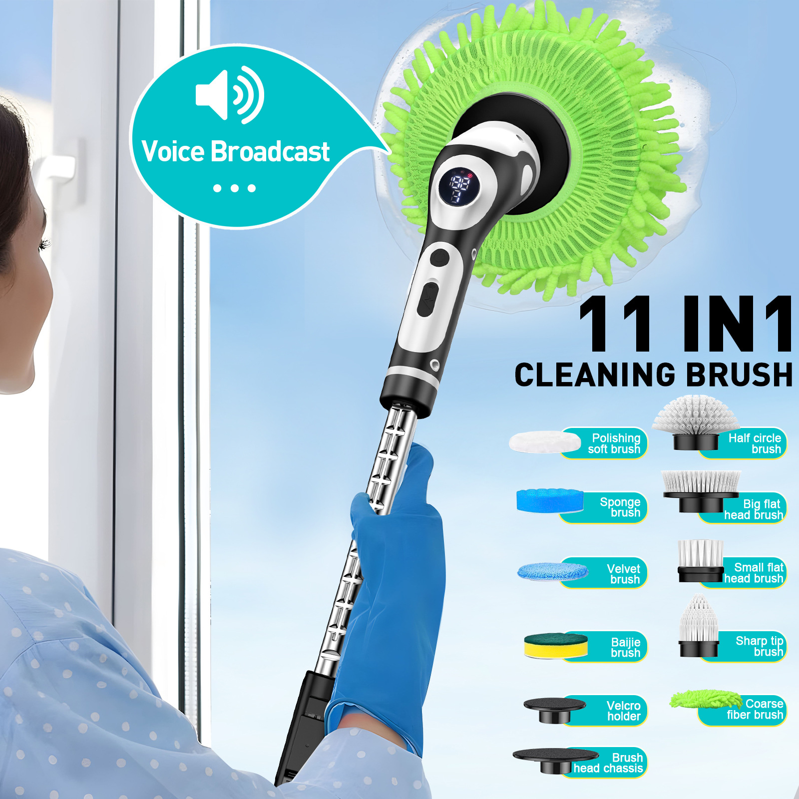 V888-ELOSUNG35777-202507281710-00 Multi-Functional Electric Spin Scrubber with Voice Broadcast, 9 Heads, Adjustable Extension Handle & LED Display(Black and White) - Image 1
