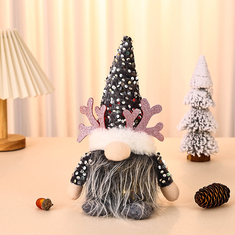 V888-ELOSUNG35811-202508011026-00 Light-Up Christmas Gnome Plush Doll with Sequin Hat & Antlers - Festive LED Tabletop Decoration(silver) - Image 1