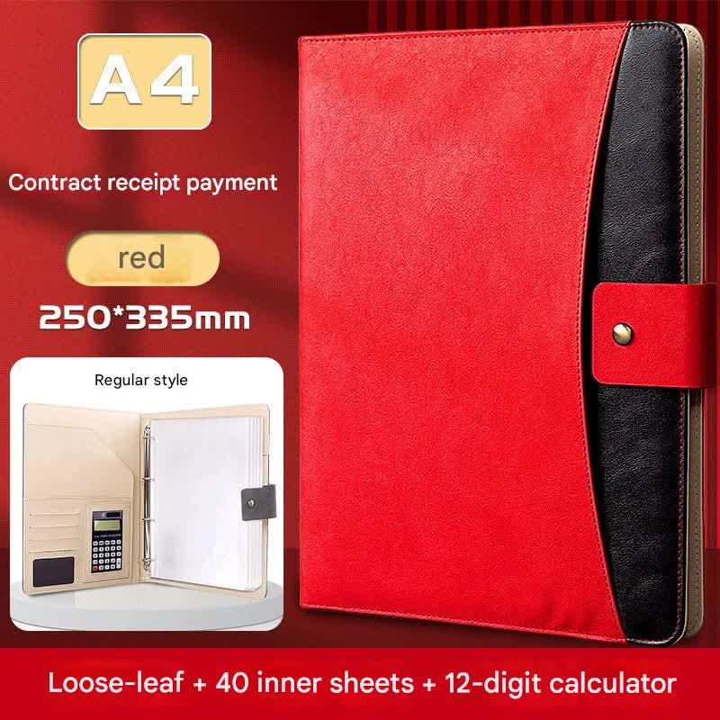 V888-ELOSUNG35882-202508141910-00 A4 PU Leather Business Portfolio with Ring Binder, Calculator & 40 Sleeves(red) - Image 1