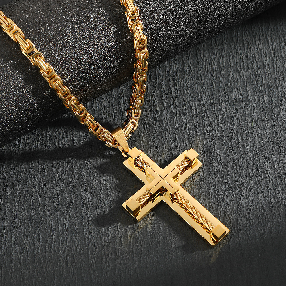 V888-ELOSUNG35888-202508191012-00 Men's Stainless Steel Layered Cross Pendant with Byzantine Chain - Fashion Statement Necklace(Gold) - Image 1