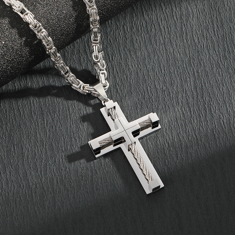 V888-ELOSUNG35889-202508191020-00 Men's Stainless Steel Layered Cross Pendant with Byzantine Chain - Fashion Statement Necklace(silver) - Image 1