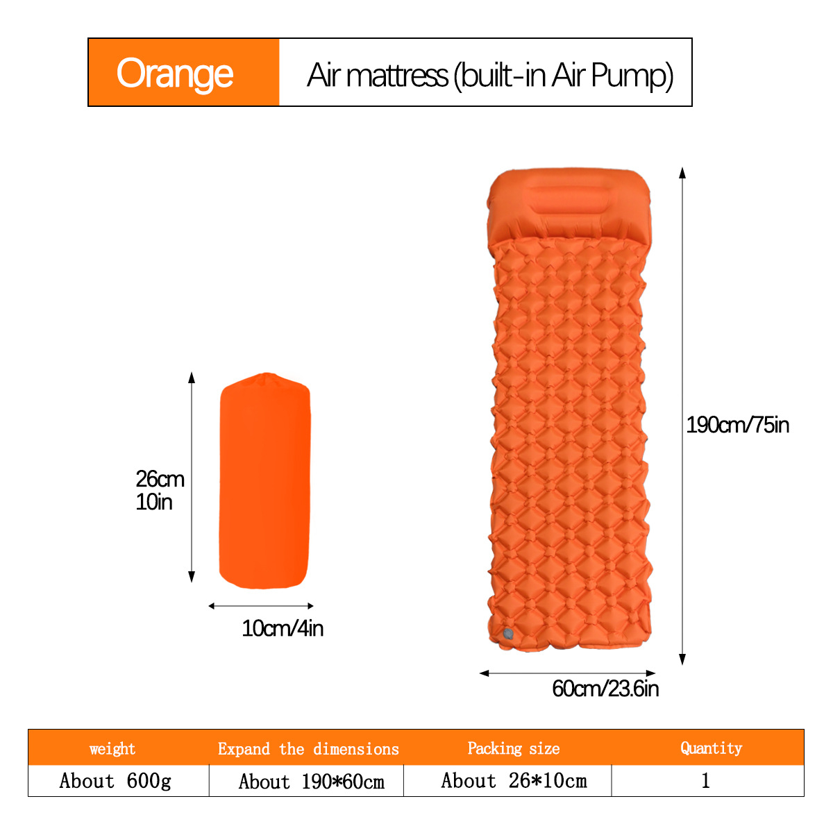 V888-ELOSUNG35939-202508300011-00 2pc Ultralight Inflatable Camping Sleeping Mat with Integrated Pillow - Waterproof 40D Nylon TPU(Orange) - Image 1