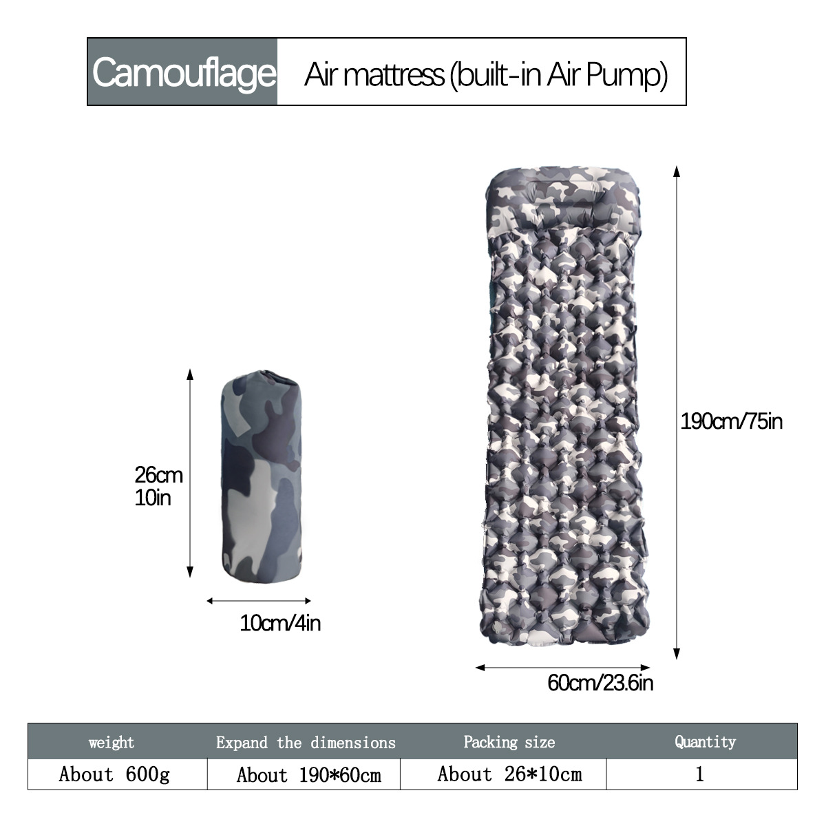 V888-ELOSUNG35941-202508300011-00 2pc Ultralight Inflatable Camping Sleeping Mat with Integrated Pillow - Waterproof 40D Nylon TPU(Camouflage) - Image 1