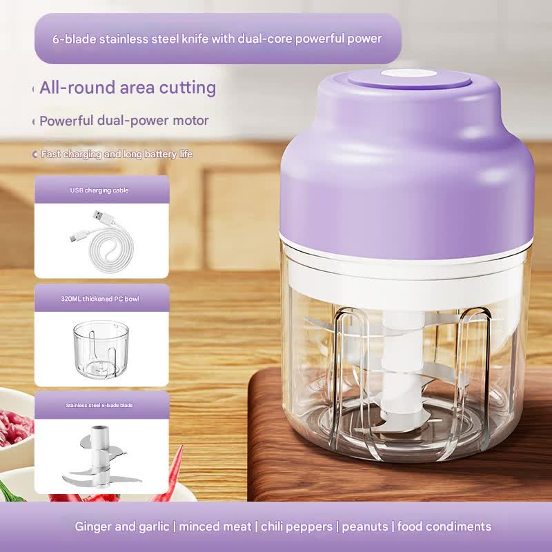 V888-ELOSUNG35976-202509041427-00 Powerful Mini Electric Food Chopper - USB Rechargeable Cordless Garlic & Meat Mincer(purple 320ml + 6-blade knife) - Image 1