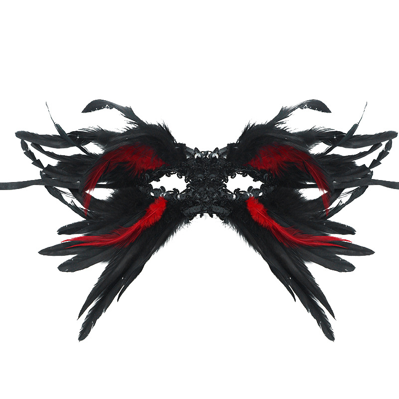 V888-ELOSUNG36001-202507180921-00 Red and Black Mysterious Gothic Feather Masquerade Mask - Black Angel Wing Venetian Party Costume - Image 1
