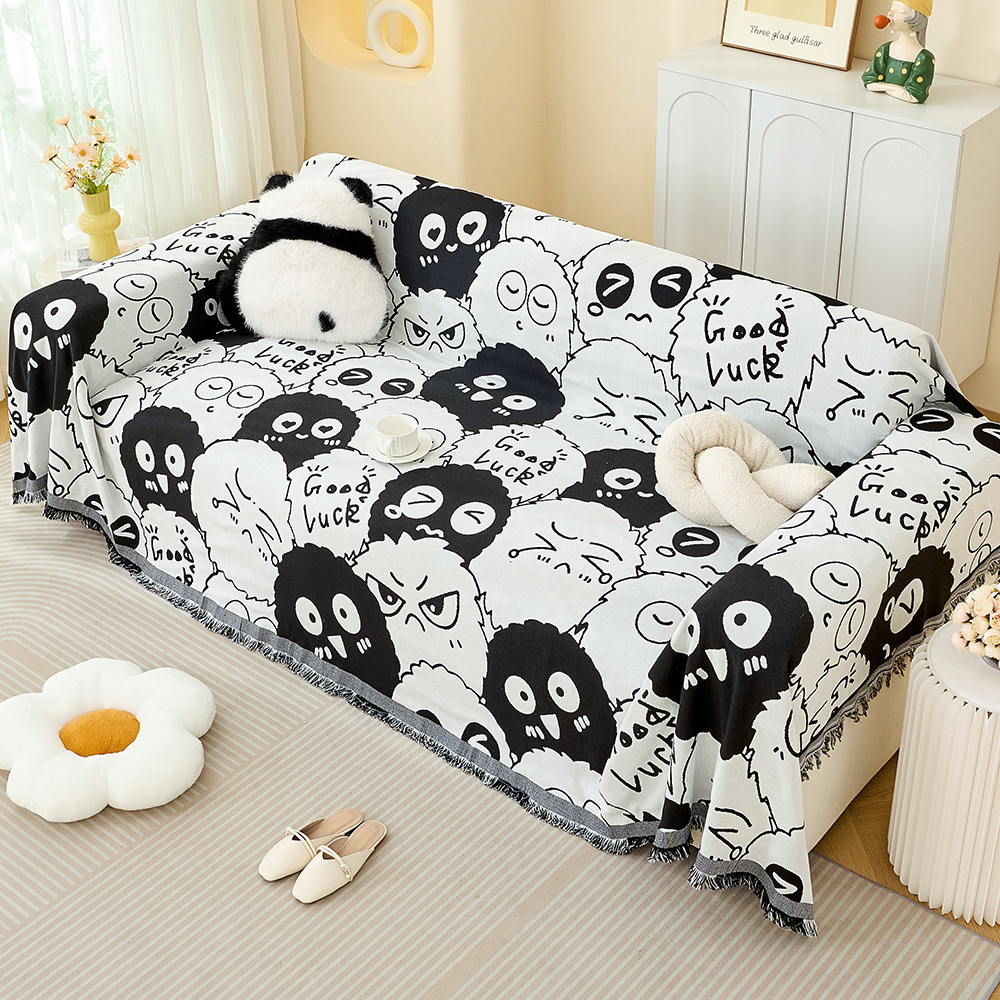 V888-ELOSUNG36047-202507250941-00 Black and white Ball Pattern Soft Waffle Weave Throw Blanket - Boho Style Cotton Blend Sofa Cover with Fringe 180x180cm - Image 1