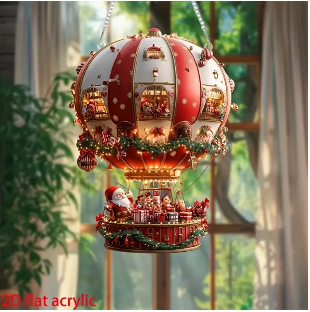 V888-ELOSUNG36214-202508111510-00 Red Whimsical Santa's Hot Air Balloon Ornament - 2D Flat Acrylic Hanging Decoration for Wall & Tree - Image 1