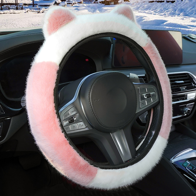 V888-ELOSUNG36262-202508131416-00 Pink Stitching White Plush Cat Ear Steering Wheel Cover - Cute & Fuzzy Winter Grip, Universal 38cm Fit - Image 1