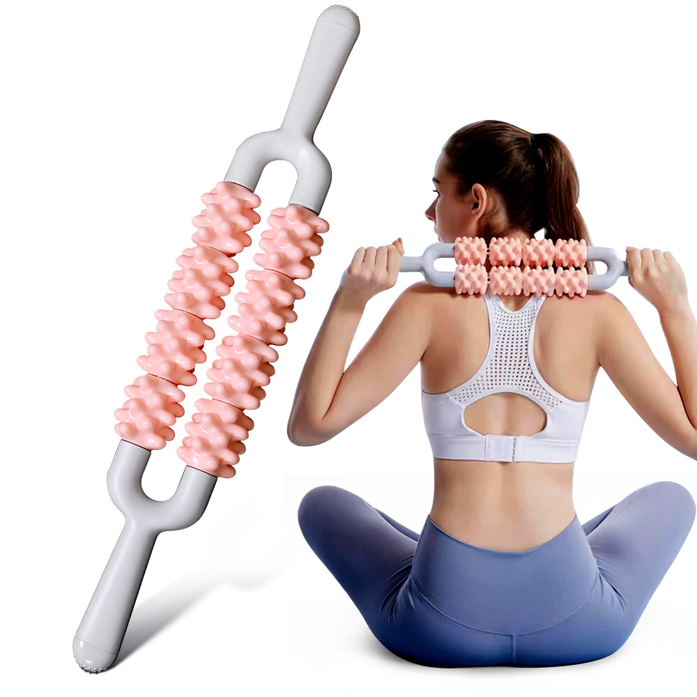 V888-ELOSUNG36340-202508280511-00 Pink and Grey Dual Row Spiky Muscle Roller Stick - Deep Tissue Massager for Back and Leg Recovery - Image 1