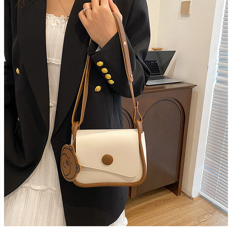 V888-ELOSUNG36378-202509011645-00 White and Brown Chic PU Leather Crossbody Bag with Cute Bear Charm - Adjustable Strap Shoulder Purse - Image 1