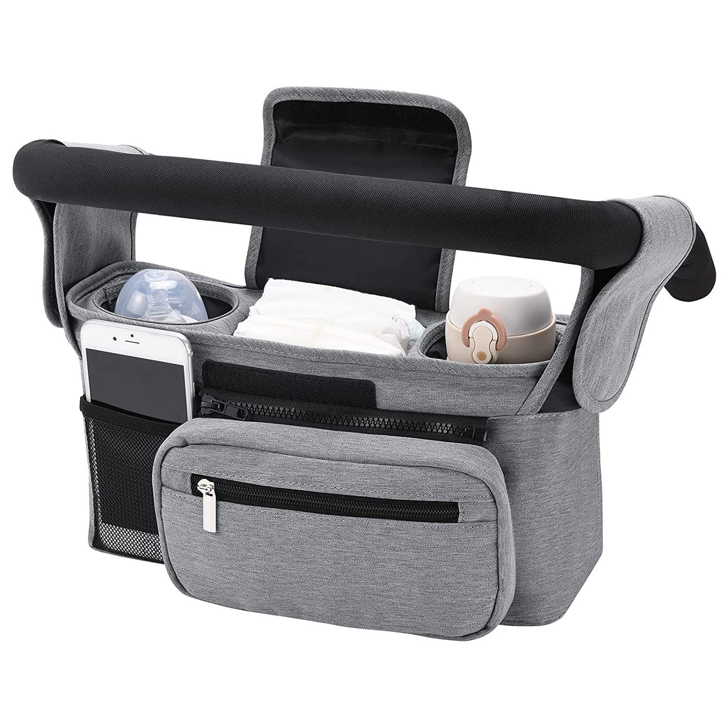 V888-ELOSUNG36387-202509031116-00 Grey Universal Stroller Organiser Caddy with Insulated Cup Holders and Detachable Wristlet - Image 1