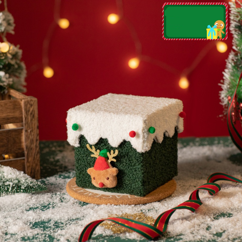 V888-ELOSUNG36488-202509121004-00 White and Green Luxe Plush Christmas Gift Box - Decorative Holiday Treat Box with Snowy Trim - Image 1